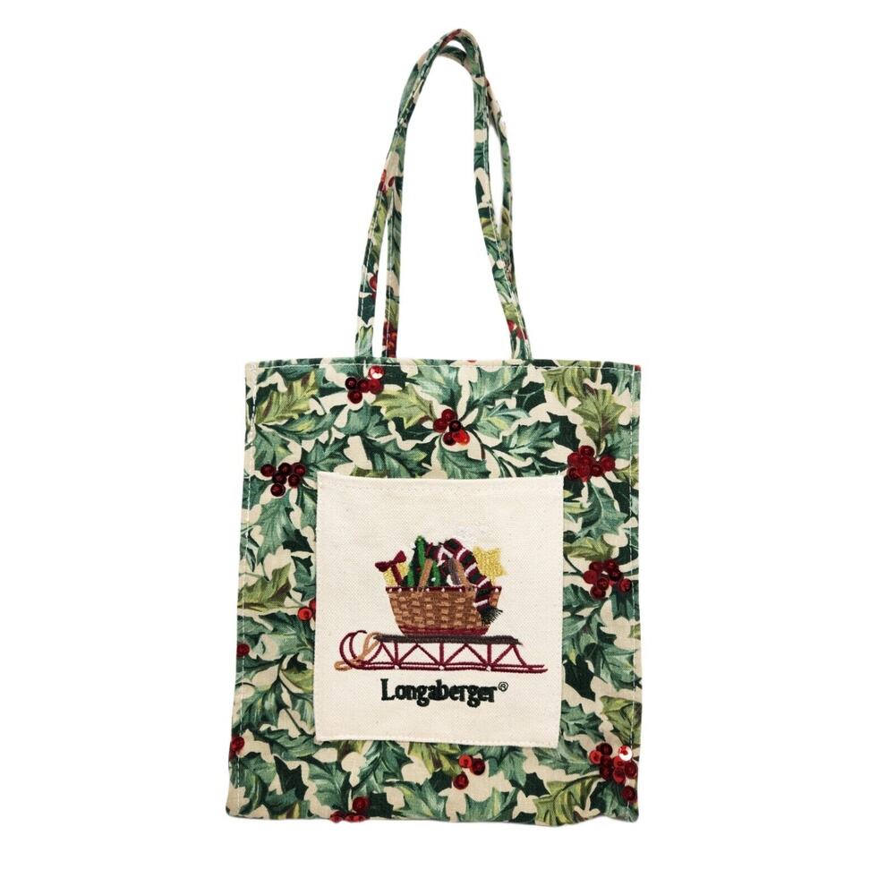 Longaberger Holly Canvas Tote Bag Sequin Berries Traditional CHRISTMAS Gift